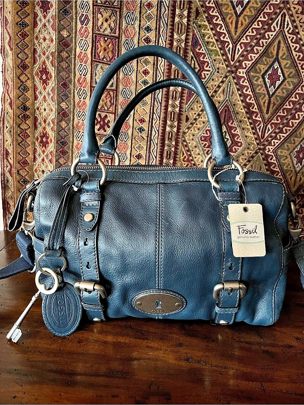 Fossil “Maddox” Leather Satchel (large version) in Navy Blue NWT